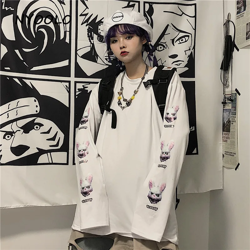 NYOOLO Harajuku уличная свободная футболка с принтом кровавых кроликов, осенняя футболка с длинным рукавом и круглым вырезом, пуловеры, футболка для женщин и мужчин