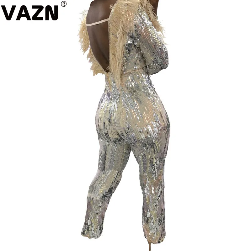 VAZN CY8228 Топ высокого класса сексуальный клубный высококачественный модный длинный комбинезон с блестками и кисточками с длинным рукавом и открытой спиной для женщин