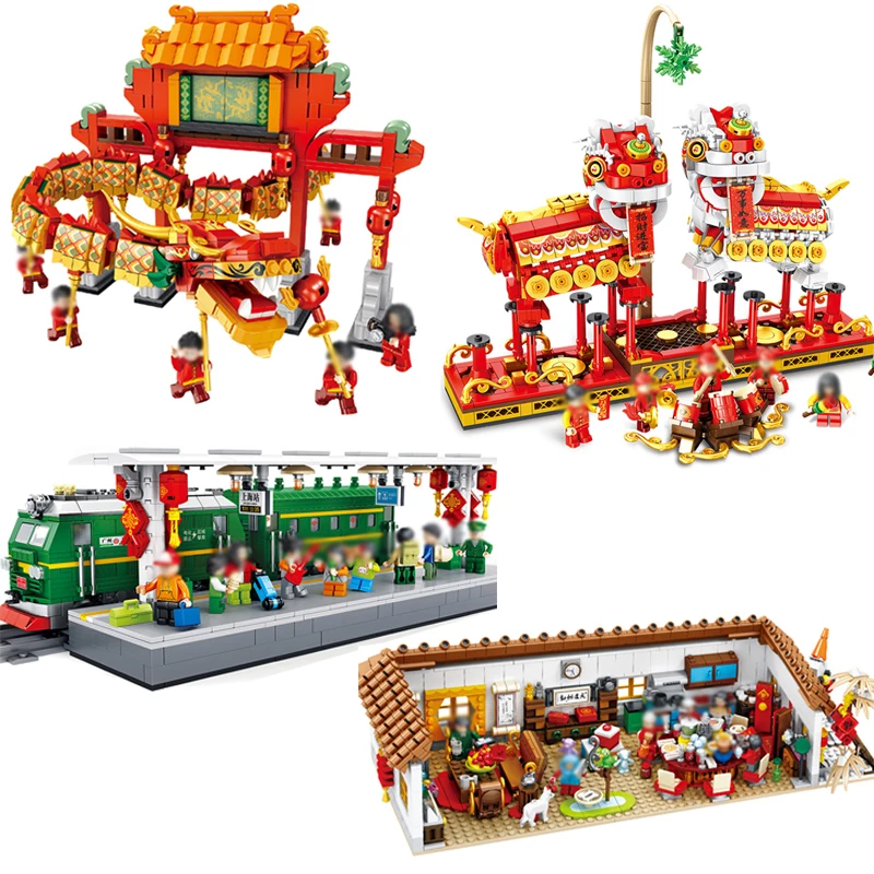 

Chinese style New Year Eve Dinner Building Block legoING compatible Lion dance train station Brick Architecture toy for kid gift