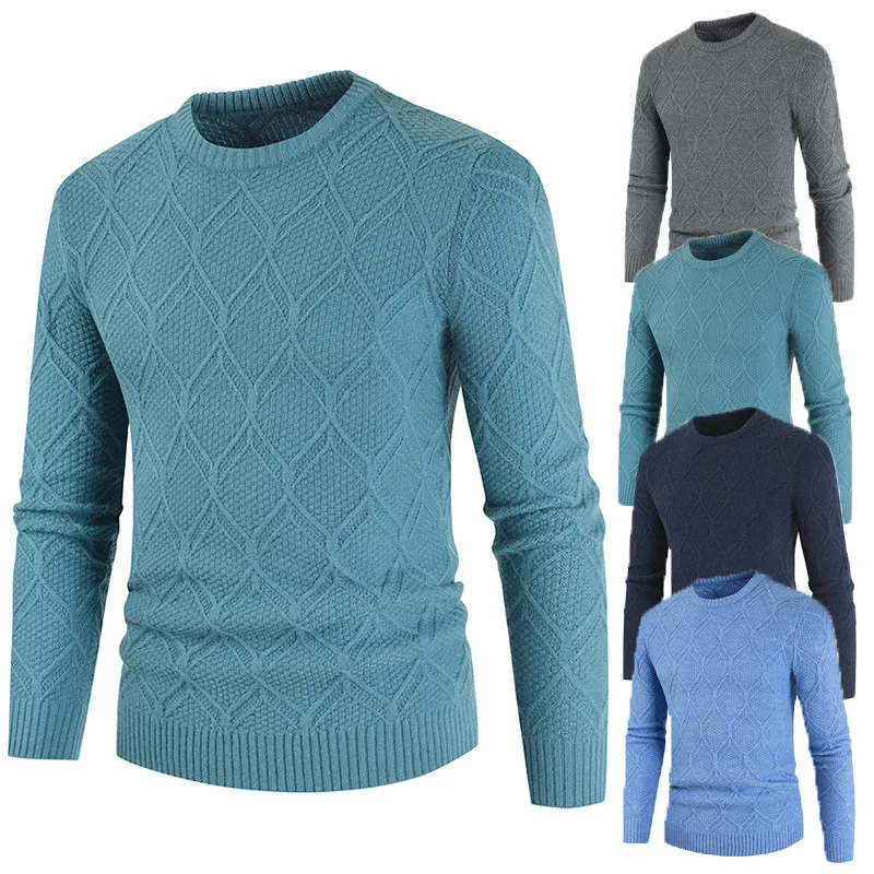

Men's round neck pullover sweater diamond pattern solid color knit sweater sweater top autumn casual bottoming shirt for men