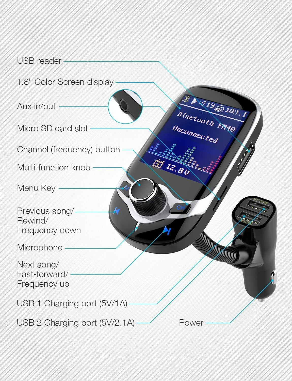 JINSERTA Bluetooth FM модулятор Большой цветной экран Автомобильный MP3-плеер QC3.0 быстрое зарядное устройство 3 порта USB TF воспроизведение музыки
