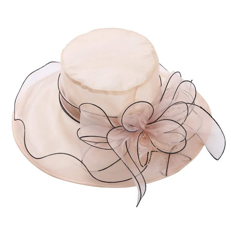 Light Pink Белая свадебная шляпа для невесты, женская элегантная Кепка с оборками и широкими полями, Цветочная органза, Кентукки, Дерби, церковные вечерние Кепка, большая летняя шляпа от солнца - Цвет: Light Pink