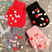 Warmom/Детские Утепленные зимние теплые перчатки из кроличьей шерсти; варежки для маленьких мальчиков и девочек; перчатки с длинными пальцами; перчатки с милым рисунком; подарок
