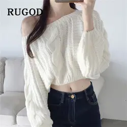 RUGOD, корейский шик, базовый милый женский свитер, пуловер с круглым вырезом, рукав-фонарик, высокая талия, вязанный, Модный женский