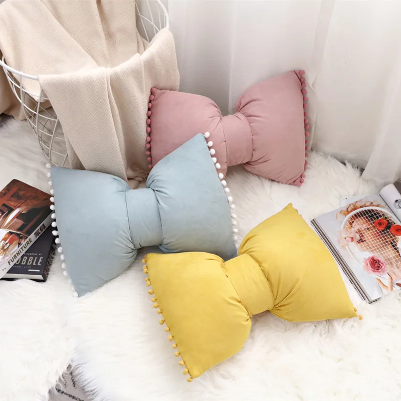 Cilected подушка с милым бантом в скандинавском стиле, одноцветная подушка для кресла принцессы, дивана, декоративные подушки с помпоном