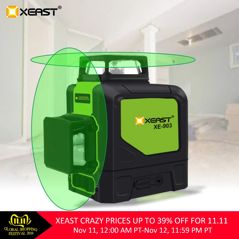 XEAST XE-903 лазерный уровень 12 линий 360 самонивелирующийся перекрестный 3D лазерный уровень зеленый луч с режимом наклона и наружного режима можно использовать приемник