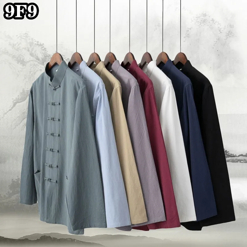 Retro Man Chinese Traditional Hanfu Shirt Solid Casual Kung Fu Uniforms Linen Cotton Tang Suit Male Long Sleeve Tai Chi Shirts