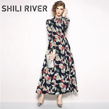 

New spring autumn shirt dress for women a line long sleeve slim elegant floral flower print ankle length dresses with collar