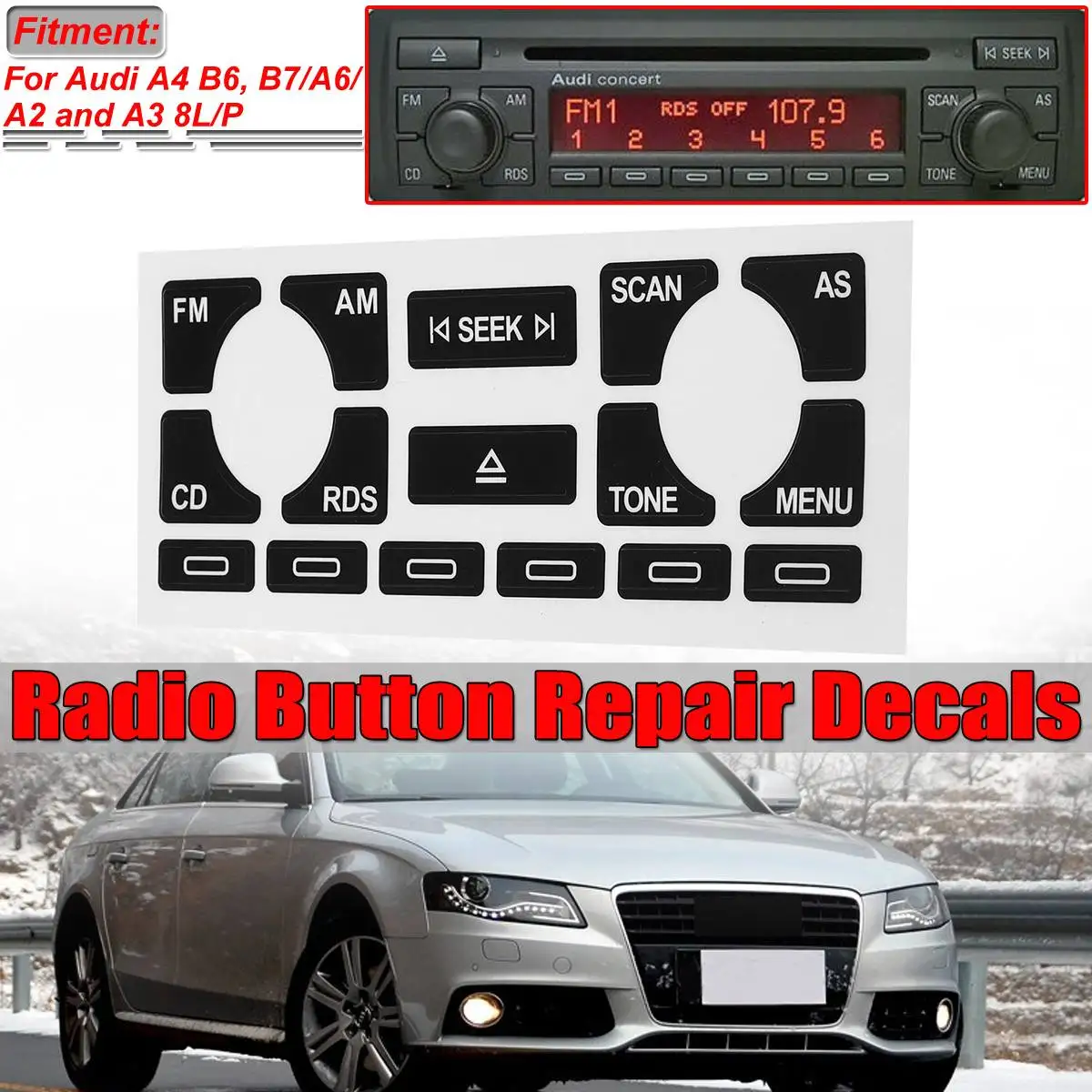 

1x TP / AS Car Audio Radio Stereo Worn Peeling Button Repair Decals Stickers For Audi A4 B6 B7/ A6/ A2 A3 8L/P Fix Ugly Button