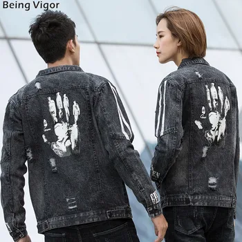 

Being Vigor Unisex Men Denim Jean Jacket Printed Damaged Men Cowboy Washing Jacket Men Coat Outerwear Top Chaqueta Hombre 2019