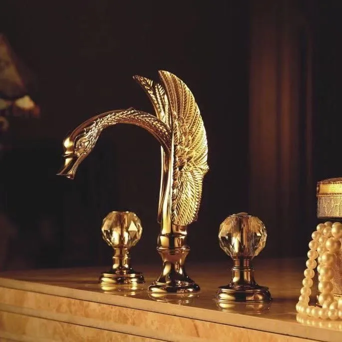 

Gold swan sink faucet 3 Pieces widespread lavatory basin mixer tap crystal handles classic tap