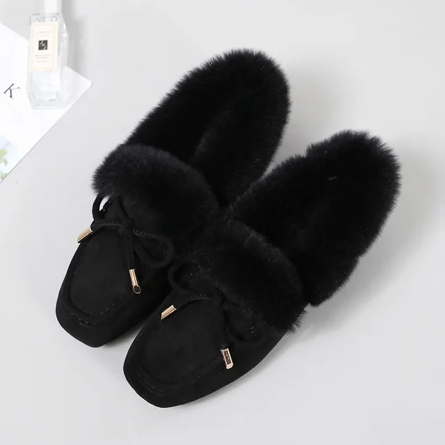 black 01 CEYANEAO/обувь женские мокасины на плоской подошве; коллекция года; Сезон Зима; теплые пушистые замшевые туфли без застежки с квадратным носком женские мягкие балетки - Цвет: black 01