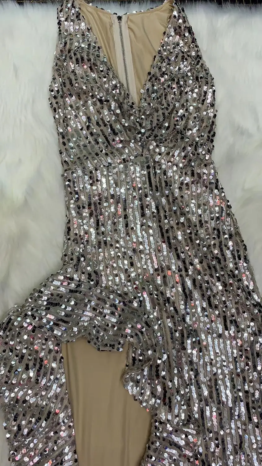 Women Summer Sexy V Neck Sleeveless Ruffles Sequins Mesh Sliver Long Bandage Dress Vestidos Female Bodycon Designer Dress