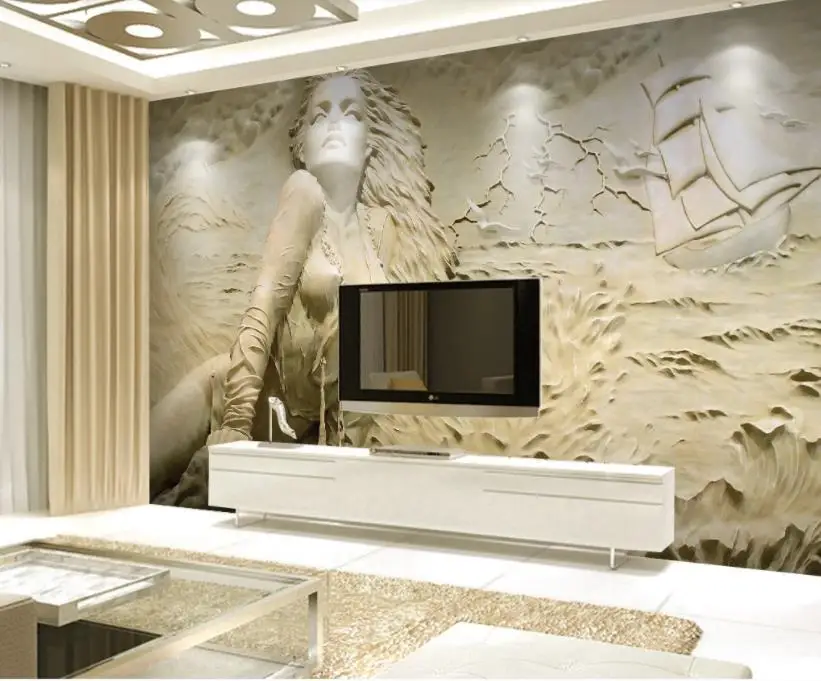 

2019 wallpaper roll 3d customize Embossed seaside beauty photo 3d wallpaper Living room bedroom hotel Background wall painting