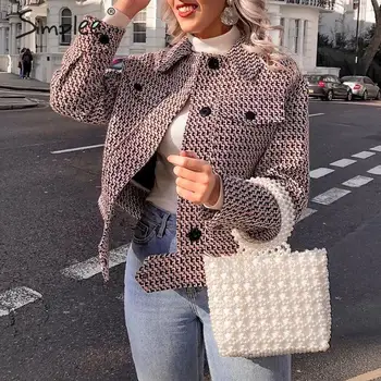 

Simplee Vintage houndstooth women short jacket Button pockets retro female tweed coat Chic streetwear ladies plaid jackets coats
