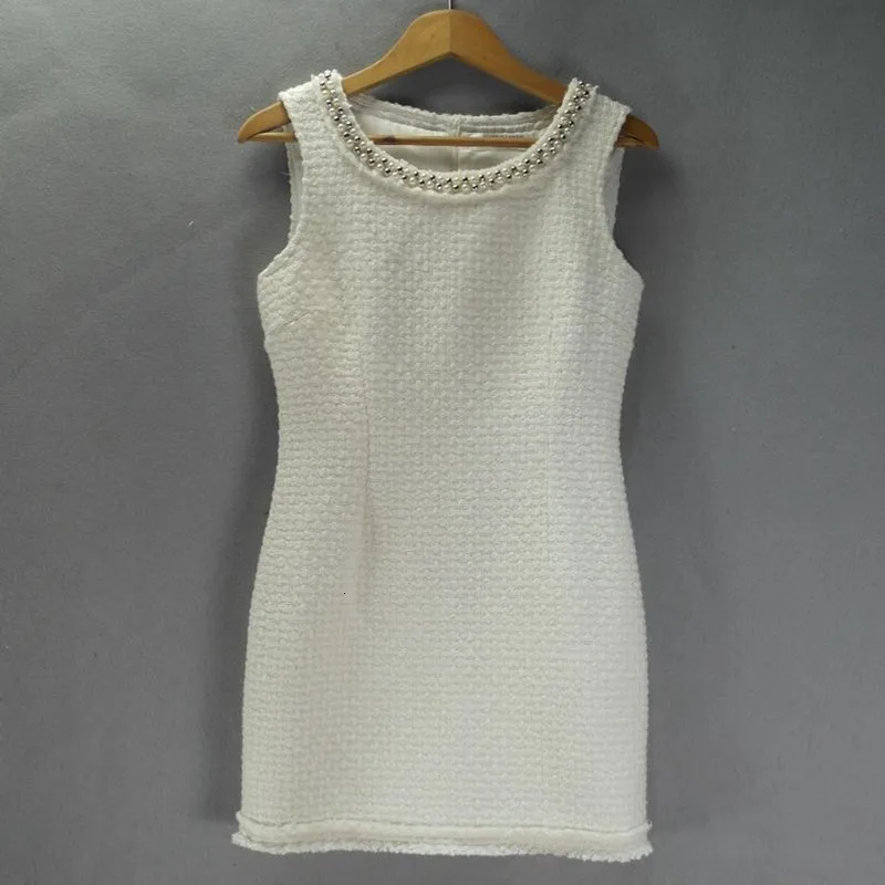 sleeveless Итальянское подиумное шерстяное твидовое белое платье для женщин с жемчужинами и бисерным воротником облегающее платье для свадебной вечеринки высокое качество саржевое мини-платье - Цвет: sleeveless