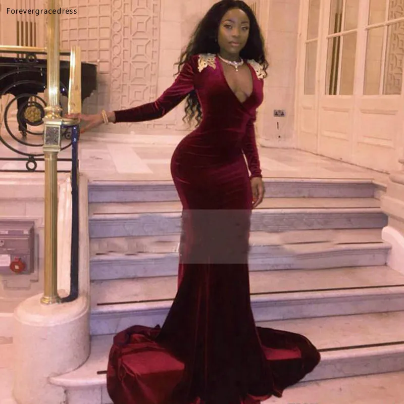 Sexy Burgundy Velvet Evening Dresses With Long Sleeves Appliqued Deep V Neck Formal Party Gowns Sweep Train Arabic Africa Prom Dress Cheap  110