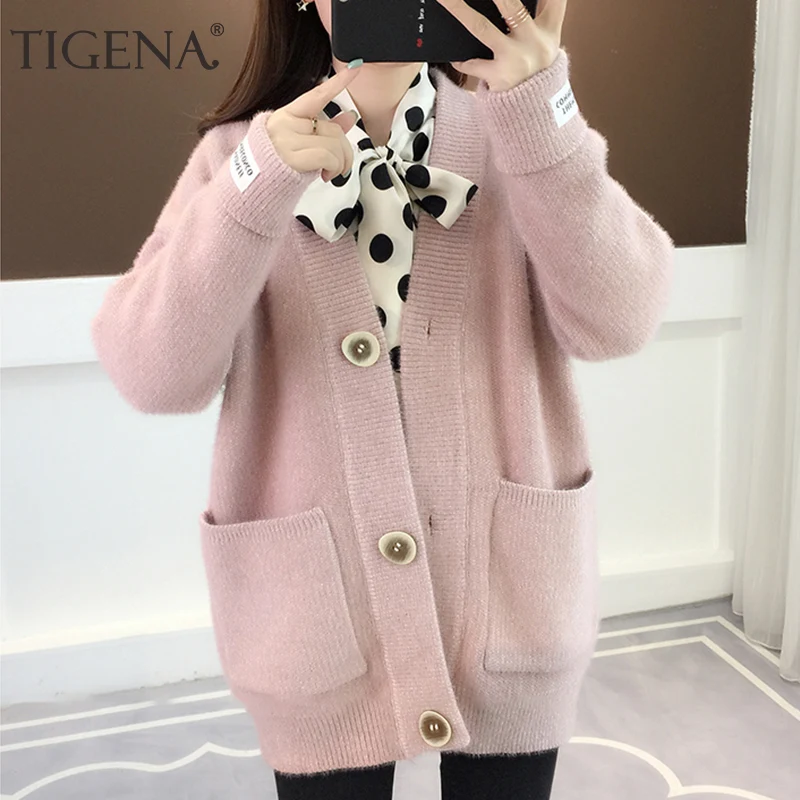 TIGENA Loose Cardigan Women 2019 Fall Winter Korean Cute Pocket Long Sleeve Sweater Female Knitted Jacket |
