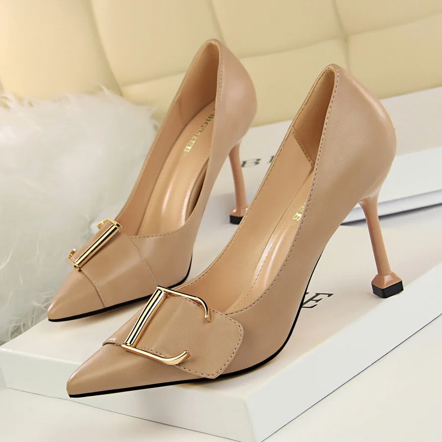 

278-3 Korean-style Career Ol High Heel Shoes WOMEN'S Shoes High-Heel Shallow Mouth Pointed Metal Belt Buckle-Slimming Shoes