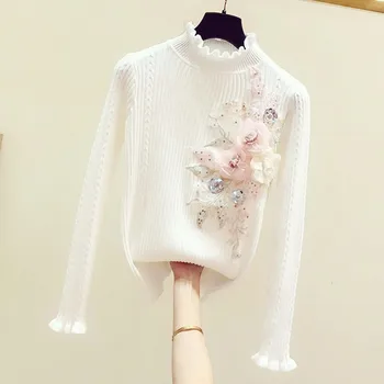 

Three-dimensional Flower Turtle-Neck Long Sleeve Sweater 2020 Spring Women's Slim-Fit Knit Tops Girls Students Jumper Sweaters