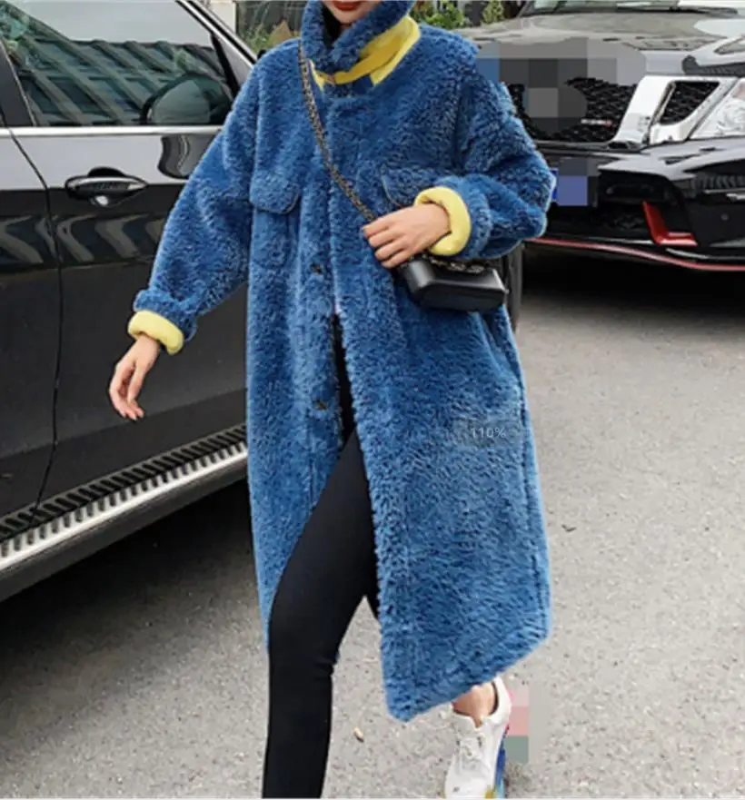 Hole blue Зимнее толстое длинное пальто из искусственного меха, теплое толстое модное винтажное уличное пальто из овечьей шерсти, кашемировая верхняя одежда, Женское зимнее пальто, женское меховое пальто - Цвет: Hole blue