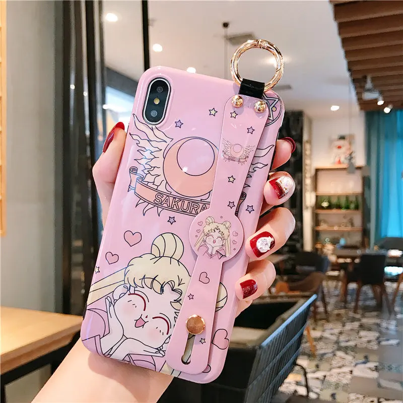 only case Для iPhone 11 pro Max чехол с принтом "Сейлор Мун" ремешок на запястье мягкий чехол для телефона для iPhone X XR XS Max 6 6S 7 8plus милый мультяшный чехол+ ремешок - Цвет: only case