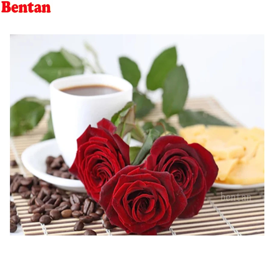 5D Diamond Painting Kits Coffee Cup And Romantic Rose Flower Full Square Drill Cross Stitch Embroidery Mosaic | Дом и сад