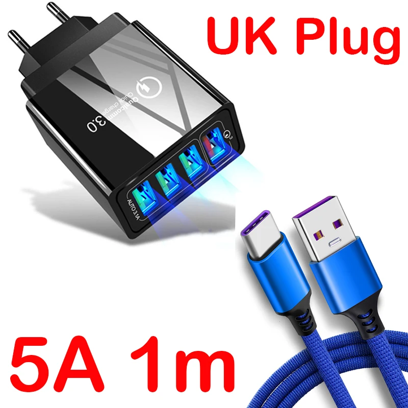 black 48 Вт быстрое зарядное устройство 3,0 USB зарядное устройство для huawei mate 30 P30 быстрое настенное зарядное устройство EU переходник для samsung Note 10 5A кабель type C - Цвет: black