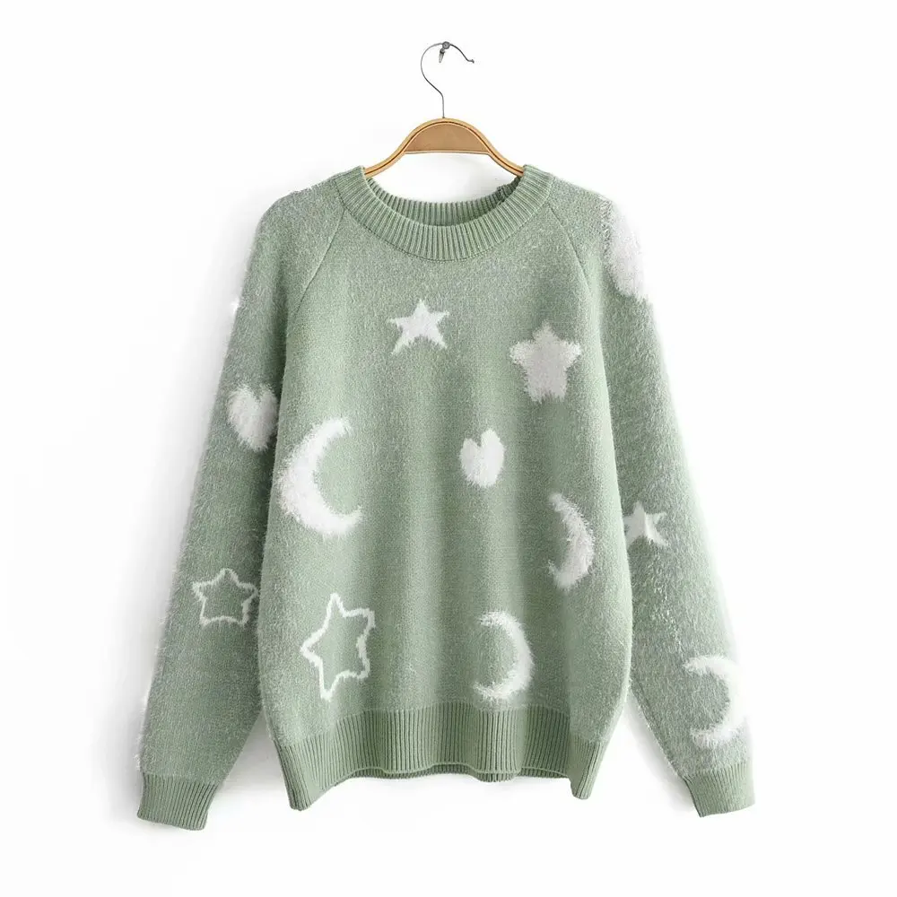 Autumn new women's European and American style round neck long-sleeved loose stars moon pattern pullover sweater | Женская одежда