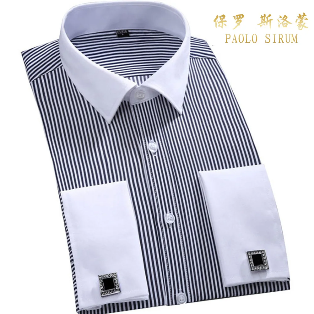 

Shirts Men's Loose Dress French Cuff Regular Fit Luxury Striped Business Long Sleeve Cufflinks Social Pluse Size 6XL