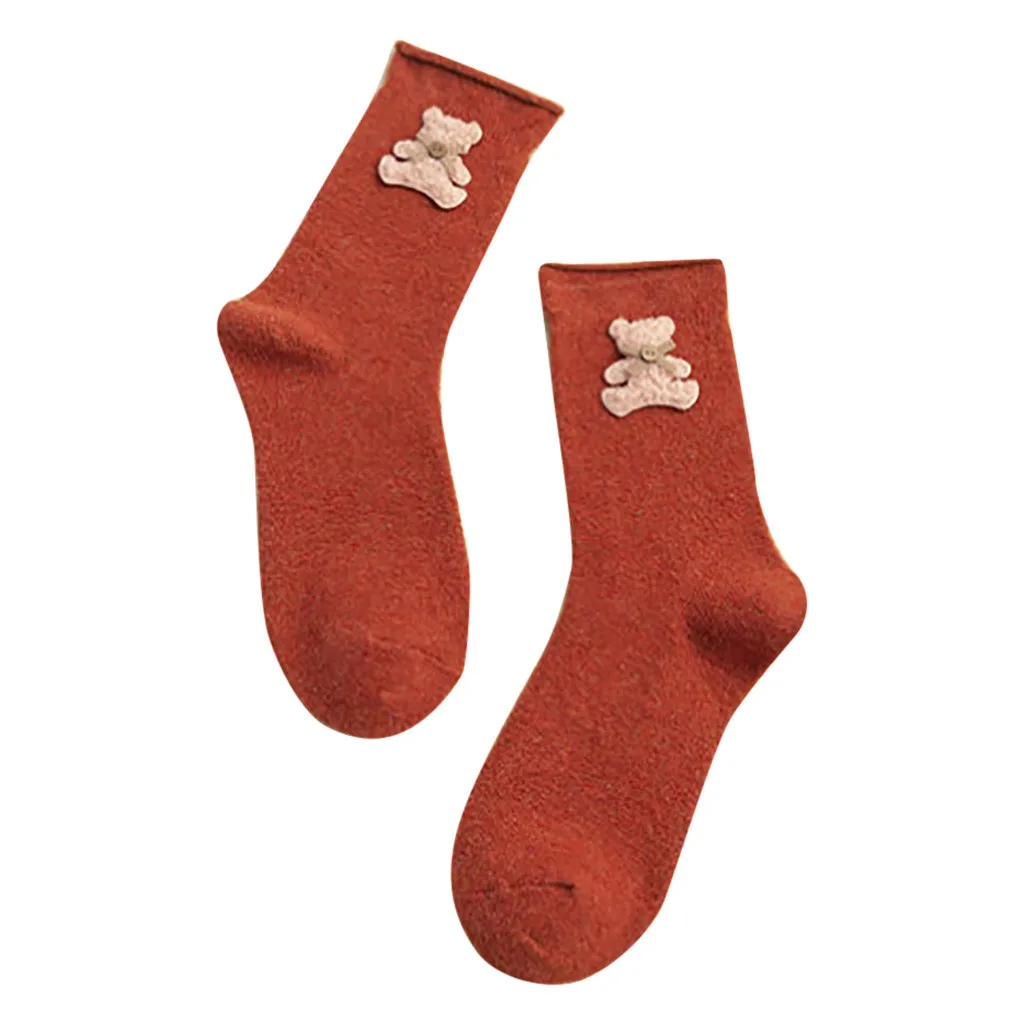 Новинка, 5 пар, женские носки, модные, теплые, с мультяшным медведем, шерстяные, одноцветные, хлопковые, подкручивающиеся, чулки, носки