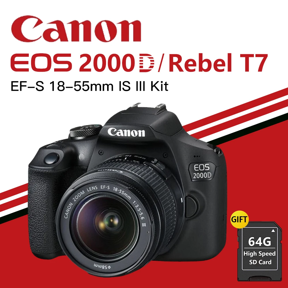 Цифровая зеркальная камера Canon EOS 2000D (Rebel T7) с объективом EF-S 18-55 мм f/3 5-5 6 DC III |