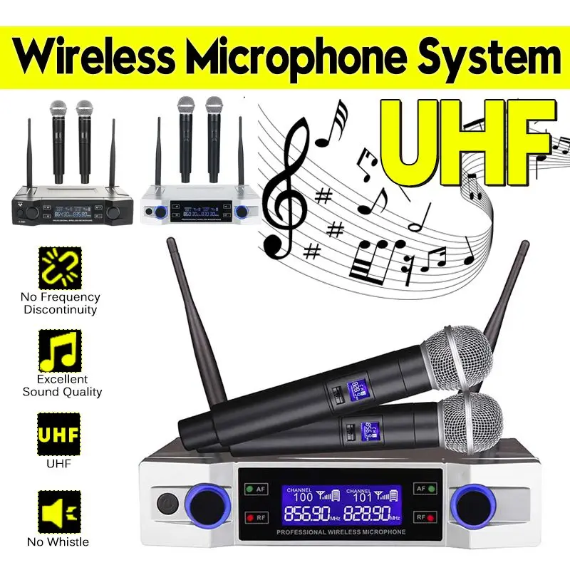 

Professional 2 Cordless Handheld Mic UHF Frequencies Dynamic Capsule 2 Channels Wireless Microphone for Karaoke System