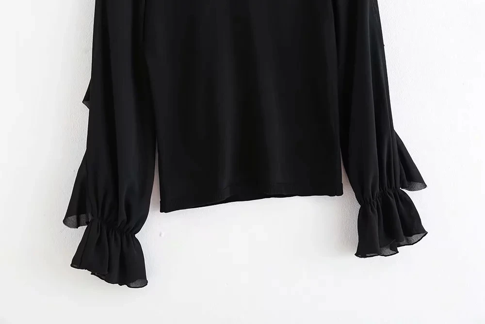 Женская трикотажная футболка с длинными рукавами, украшенная рюшами, осенняя коллекция года, женские черные топы с круглым вырезом для отдыха, T1237
