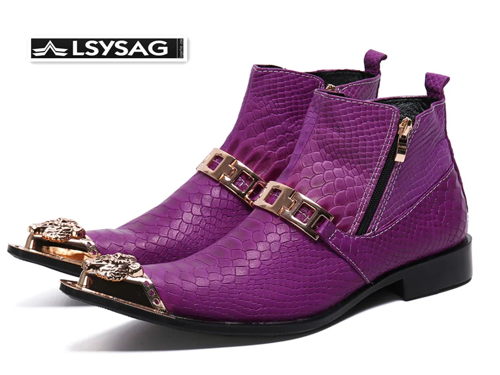 

Fashion Snake Pattern Men Genuine Leather Boots Metal Pointed Toe Formal Party Boots Purple Zip Ankle Boots Male