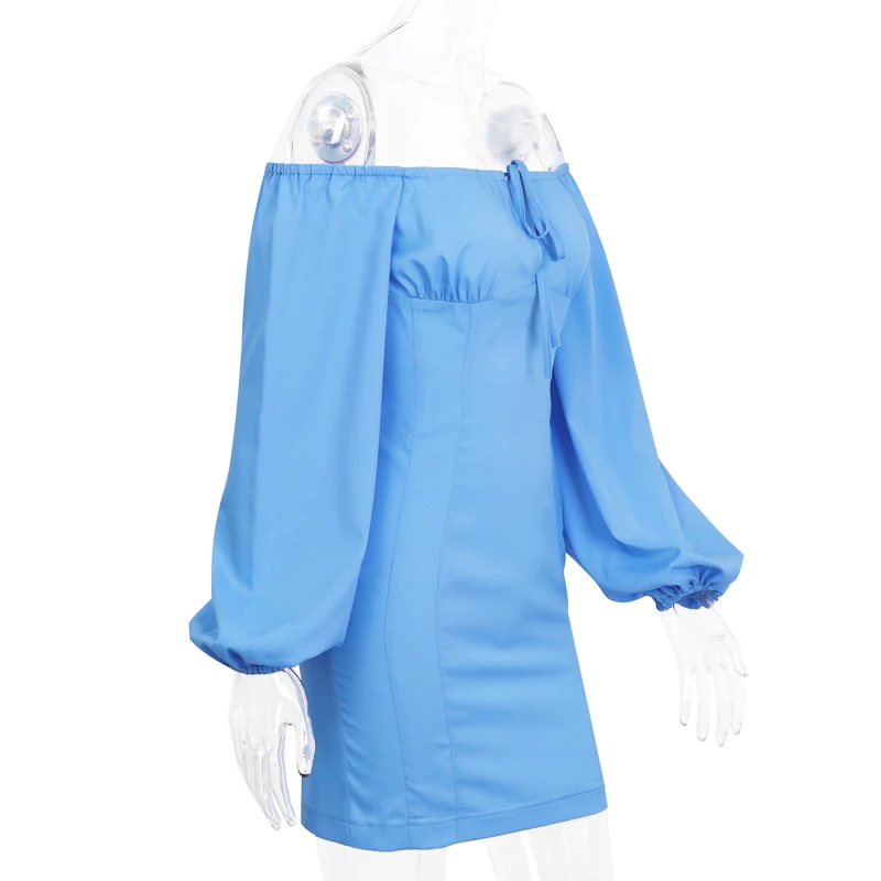 WannaThis Off Shoulder Party Dresses Women Sexy Laceup Hollow Out Autumn Long Lantern Sleeve Skinny Fashion Solid MIni Dresses