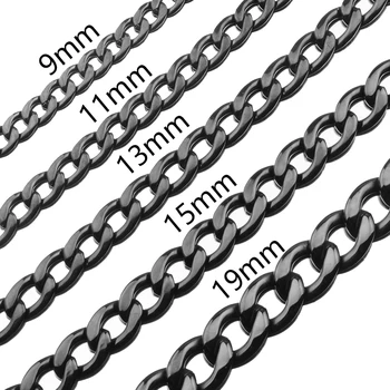 

Tiasri Men's Necklace Round Miami Cuban Link Chain Black Tone Stainless Steel Punk Boy Male Colar Gifts 9/11/13/15mm Jewelry