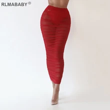 Летние rlmababy пляжные вечерние пикантные сетчатые юбки прозрачные длинные макси Прозрачные юбки Высокая Талия Ruched прозрачные Клубные юбки красного цвета