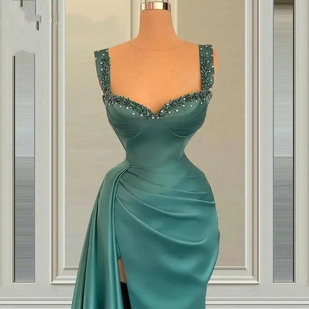 

Mermaid/Trumpet Green Sexy Split Ends Generous Prom Dress Evening Dresses with Beaded Crystals Pleat Satin Robe De Soiree Party