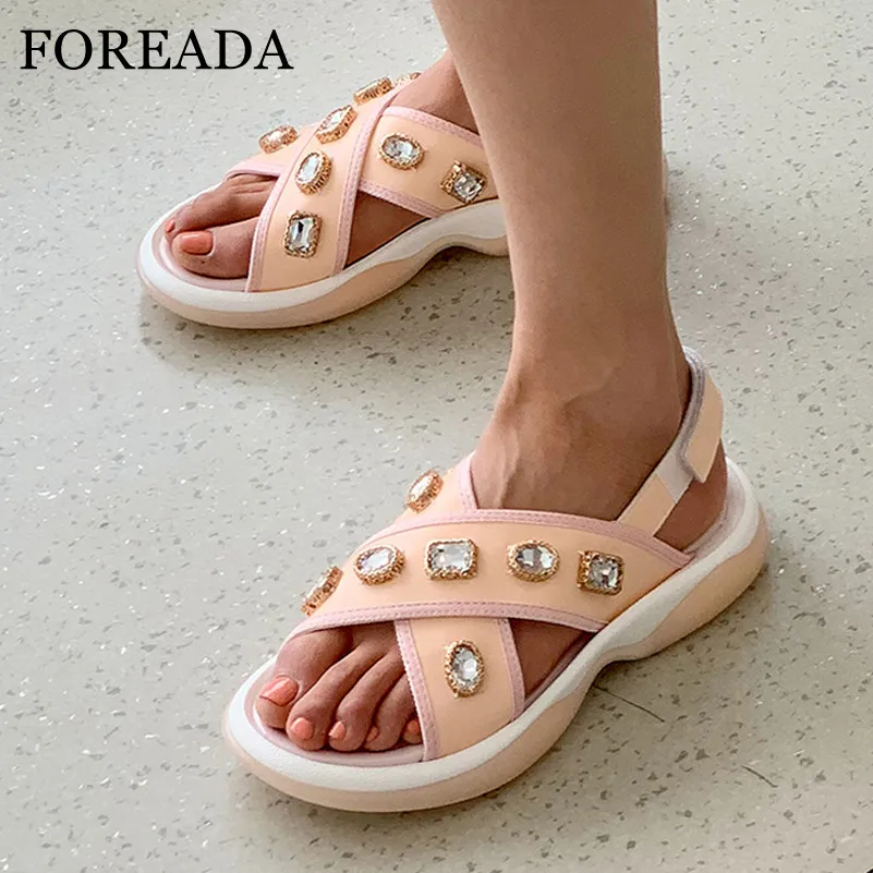 

FOREADA Woman Sandals Natural Genuine Leather Flat Platform Shoes Rhinestone Flat Sandals Open Toe Female Footwear Beige Pink 42