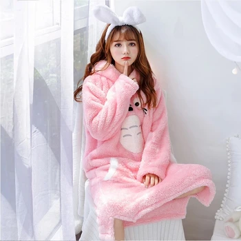 

Kawaii Totoro Cartoon Plush Long Nightdress Women Winter Female Warm Pockets Harajuku Pink Casual Loose Hooded Sleepwear Lady