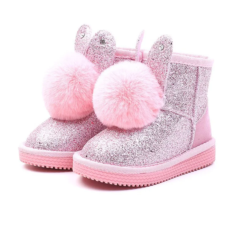 Детские ботинки для девочек; толстые хлопковые детские зимние ботинки; Милая теплая ткань с блестками и заячьими ушками; мягкий пушистый меховой шар; Новинка - Цвет: Розовый