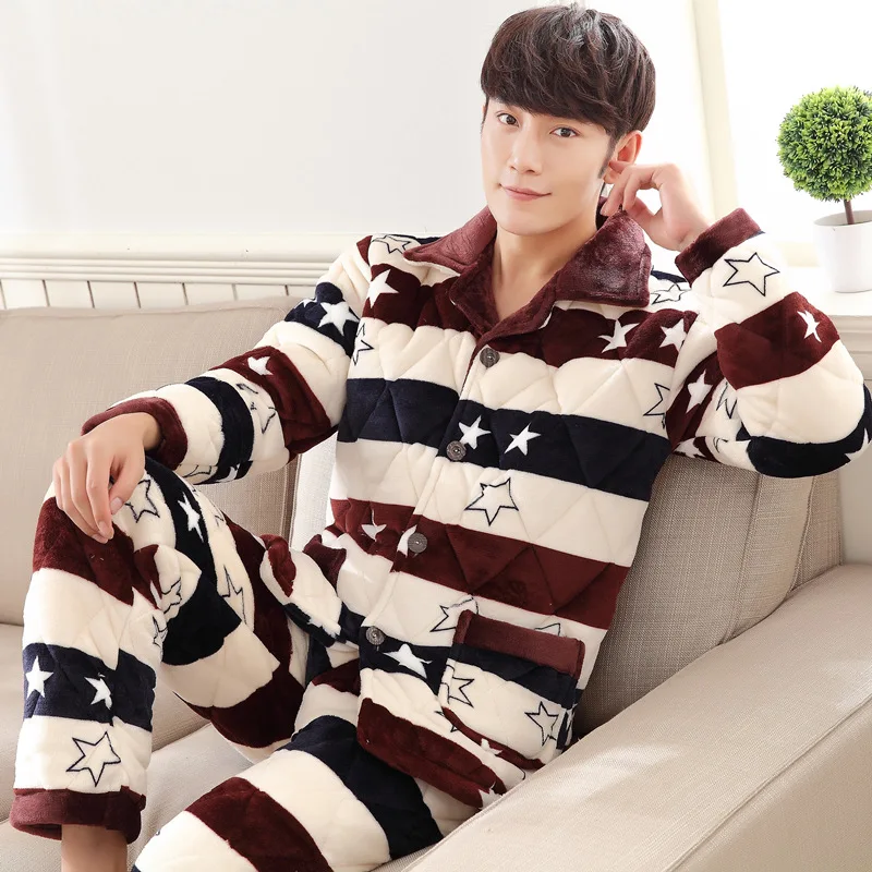 

Pajamas Men's Winter Three Layer Thick Coral Velvet Padded plus Velvet Flannel Men Homewear Set Winter Style 8354