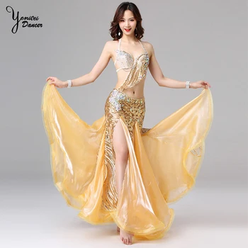 

2 Pcs Set Top Quality Belly Dance Costume Set Adult Golden Silk Bellydance Bra Tops and Long Skirt for Stage Performance Clothes