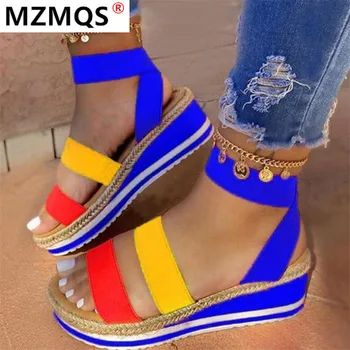 

2020 Sandal's Women Wedges Platform Candy Color Ladies Hemp Shoes Ladies Summer Casual Slip on Strap Cross Cool Girls Plus Size