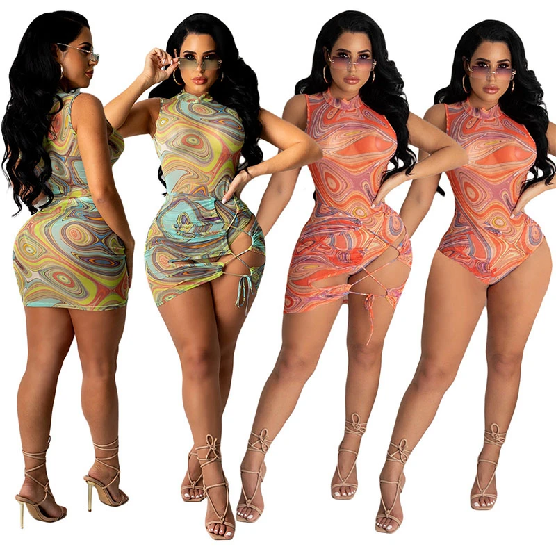Conjunto de dos piezas de malla transparente para mujer, mono Sexy de cuello alto sin mangas y Mini vestido de vendaje, ropa de playa para club nocturno, S-XXL