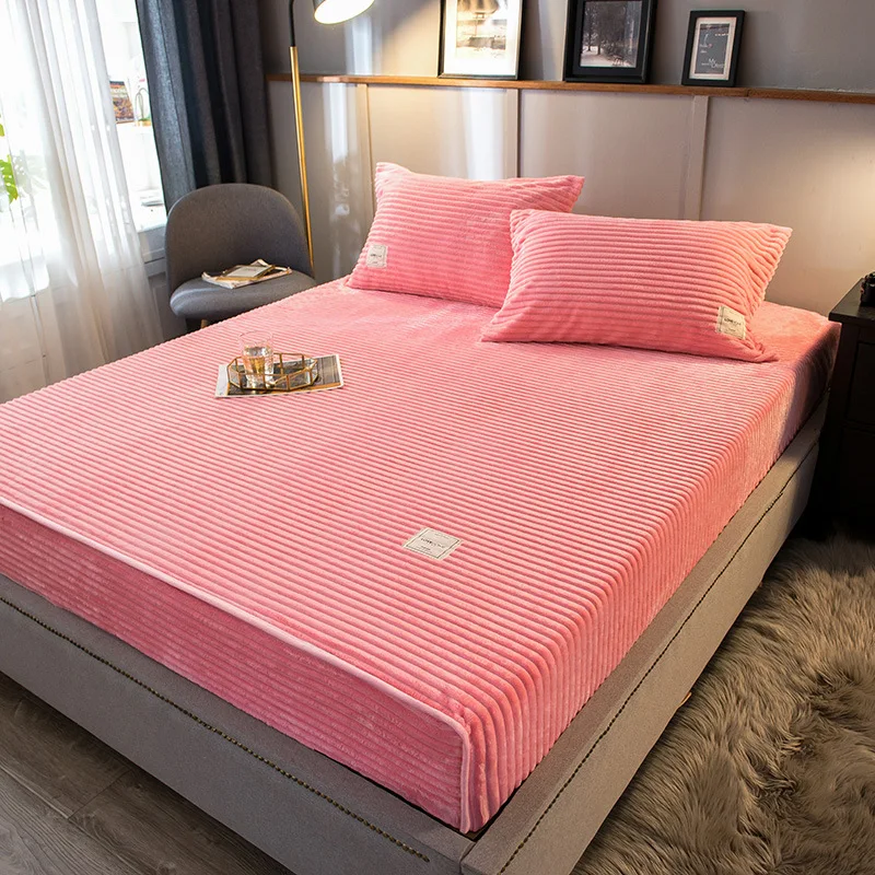 Зимний наматрасник, теплая простыня, фланелевая полоса, подушка для кровати, защита, 4 уголка, с эластичной лентой, волшебные флисовые покрывала для кровати - Цвет: pink
