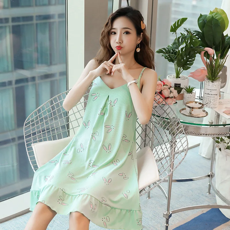 

Yx2019 Pajamas Women's Summer Korean-style Camisole Thread Sunken Stripe Cotton Fresh And Sweet GIRL'S with Chest Pad Nightgown