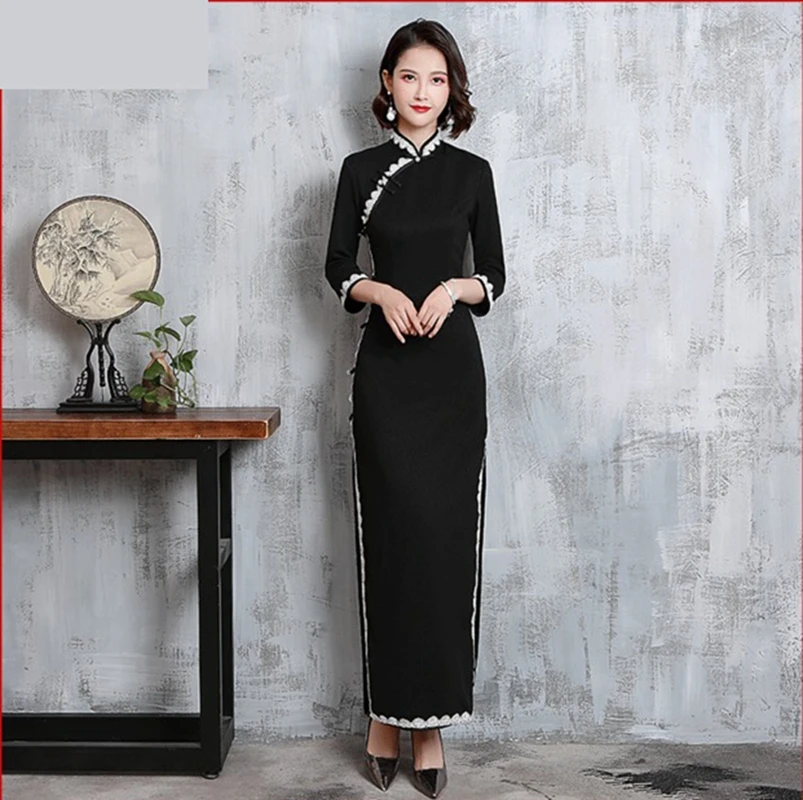 Платье с длинными рукавами, черное, модифицированное, версия cheongsam girl, было тонким, ретро, китайское, стильное, темпераментное платье, тонкое, длинное, Qipao платье