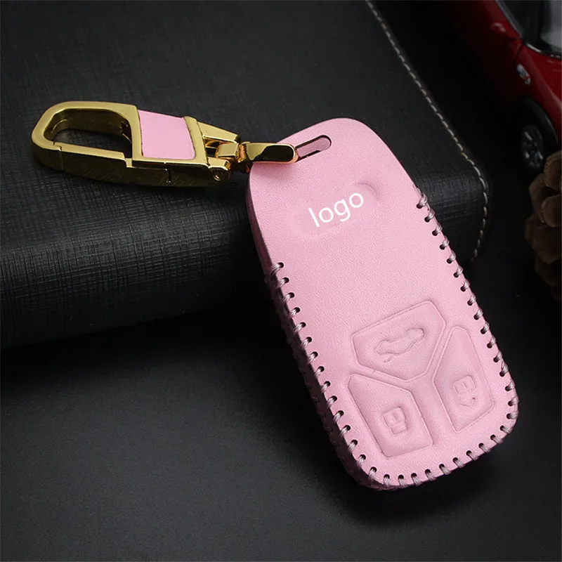 [Высокое качество] чехол для ключей автомобиля, 5 цветов, верхний слой из воловьей кожи, защитная крышка для ключей для Audi A4L Q7, автомобильный стиль - Название цвета: Pink